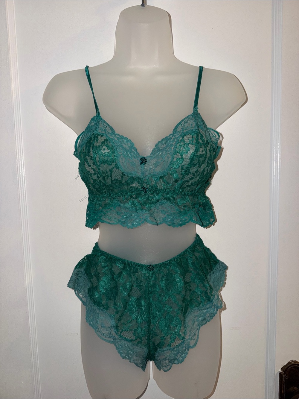 VINTAGE Victoria's Secret Emerald Lace Bralette & Ruffled Lace Bloomers